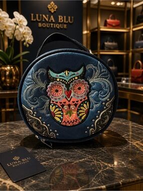 Navy Round Owl-Embroidered Women's Handbag With crossbody